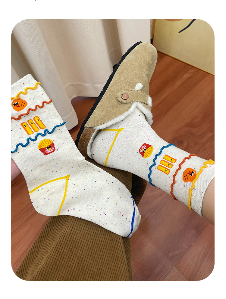 New spring pure cotton mid-calf socks for women, sweat-absorbing, funny French fries socks, cartoon casual socks, Zhuji Hosiery pic 18