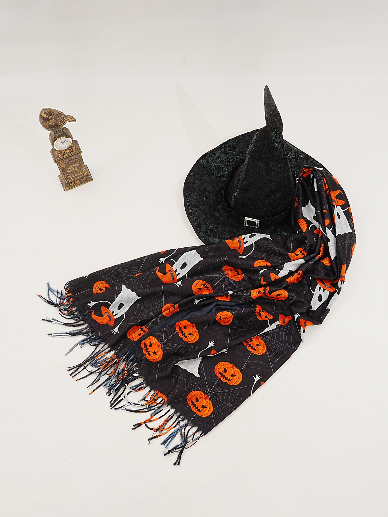 New faux cashmere black Halloween ghost pumpkin digital print scarf Magic Awakening Wizard hat set pic 12