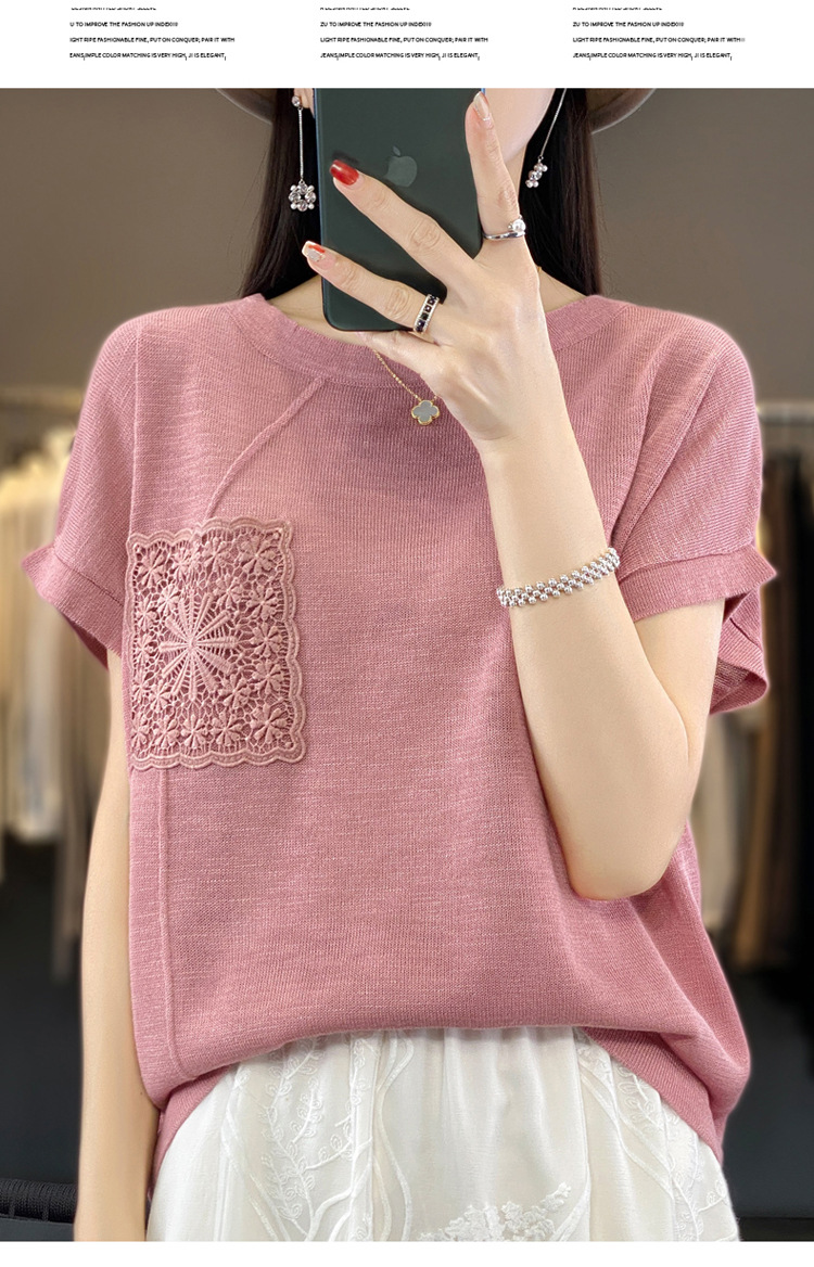 圆领亚麻冰丝短袖t恤女夏季洋气时尚百搭减龄别致薄款针织衫上衣详情15