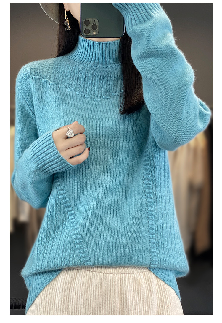 Women's semi-high neck wool jacquard knitted sweater 2023 autumn/winter seven-stitch thickened base layer long-sleeved laid-back sweater pic 51