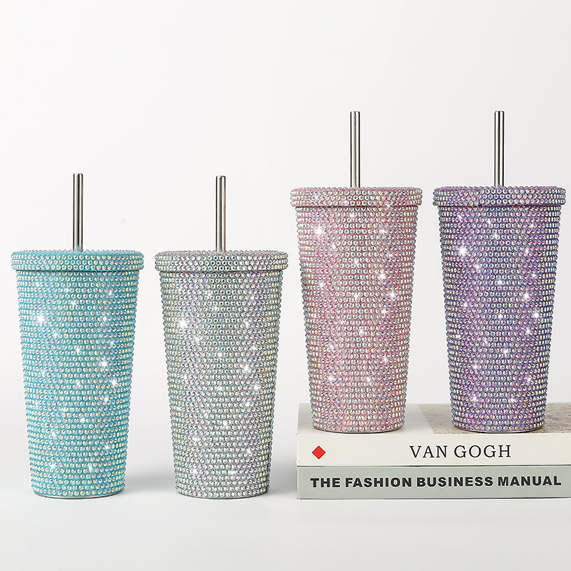 镶钻保温杯双层不锈钢吸管杯贴钻水钻咖啡杯礼品杯镶钻水钻饮料杯详情2