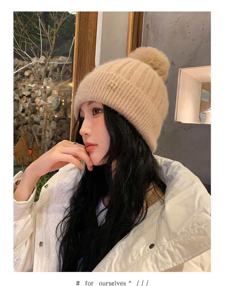 新款秋冬季针织毛球显脸小套头帽户外加绒保暖女甜美护耳毛线帽子详情12