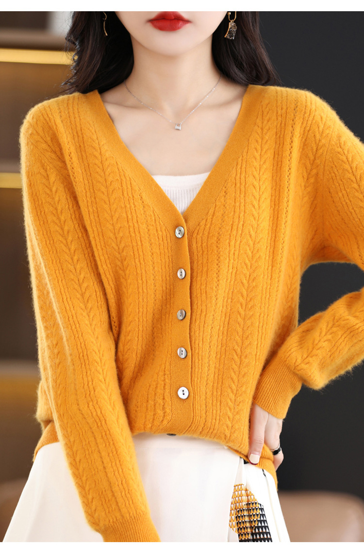 绒狼2023秋冬新款女士V领羊毛针织麻花开衫宽松长袖短款外套女详情21