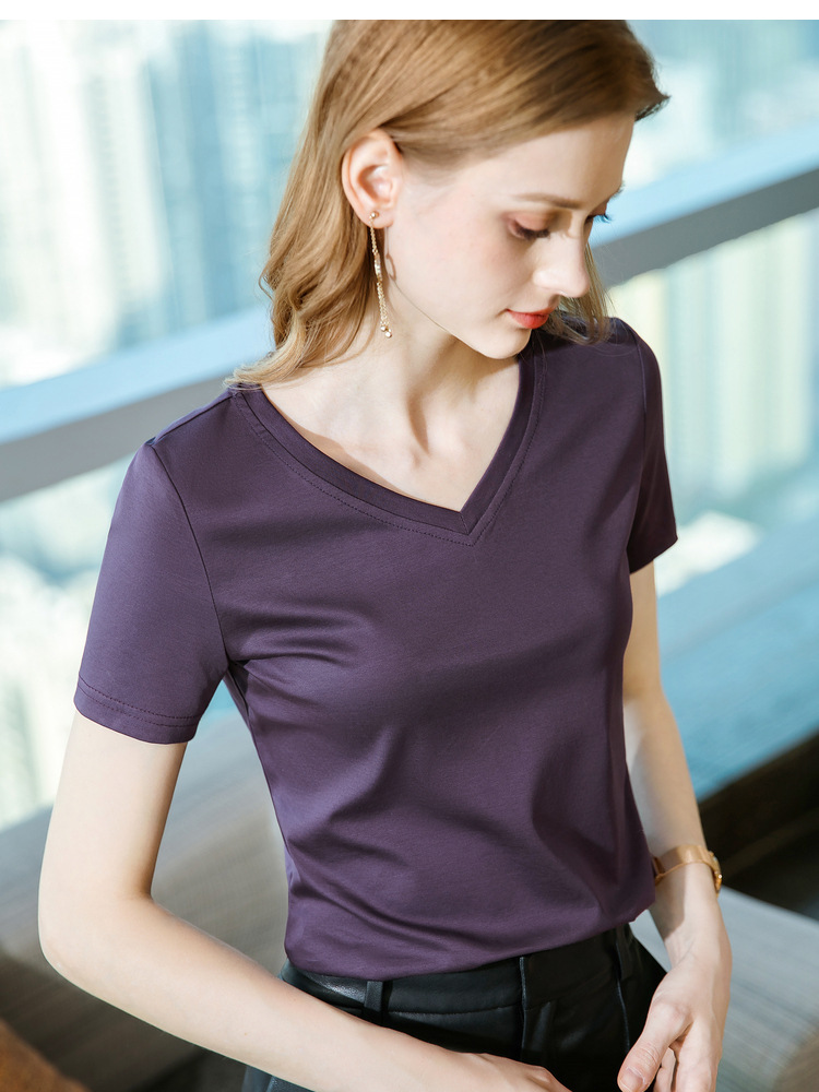 冰感丝光棉短袖t恤女2024新款女装气质v领纯棉体恤纯色高级感上衣详情4