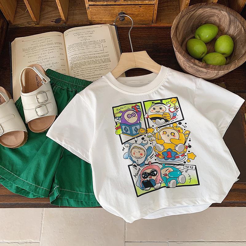 Niño camiseta verano 2024 nuevo niño niño korean versión algodón manga corta bebé dibujos animados lindo casual top pic 21