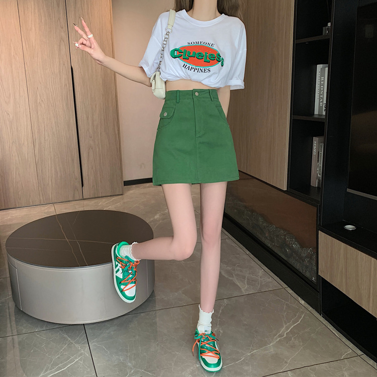实拍视频小个子绿色半身裙女ins2023秋季新款高腰包臀a字裙短裙子详情5