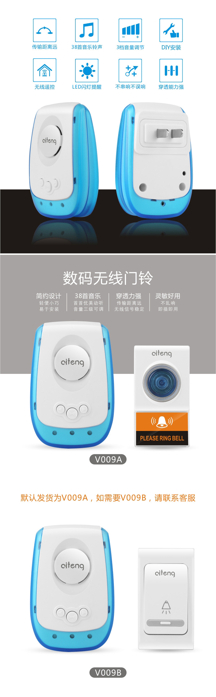 Wireless digital doorbell, AC doorbell, remote control doorbell, household doorbell, electronic doorbell pic 2