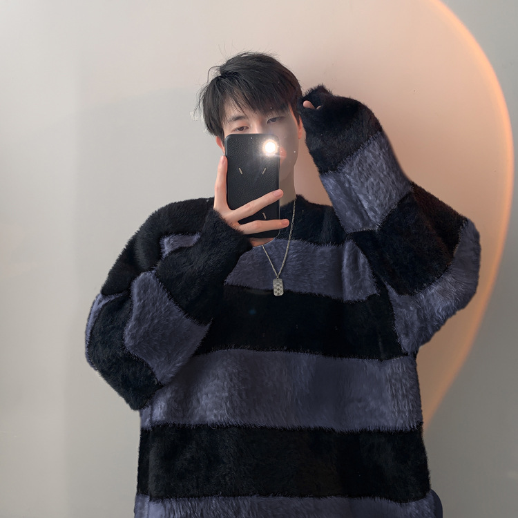 黑白条纹海马毛毛衣男秋冬款软糯针织衫情侣痞帅外套韩系慵懒风厚详情18
