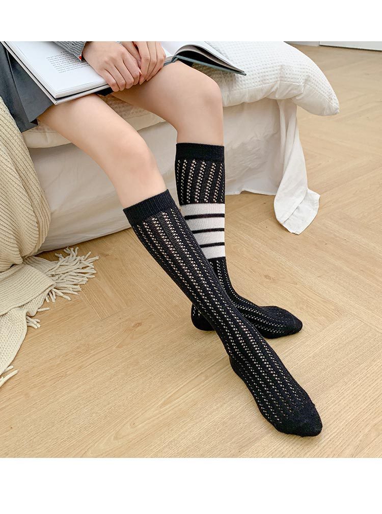HENNY RUE 2022 primavera verano calcetines de malla hueca moda personalidad cuatro barras calcetines de pantorrilla calcetines hasta la rodilla pic 19