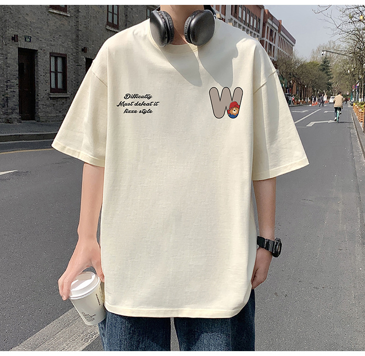Camiseta de manga corta de estilo americano de algodón pesado hombre verano 2024 nuevo oso estampado estado de moda puerto estilo chico camiseta pic 18