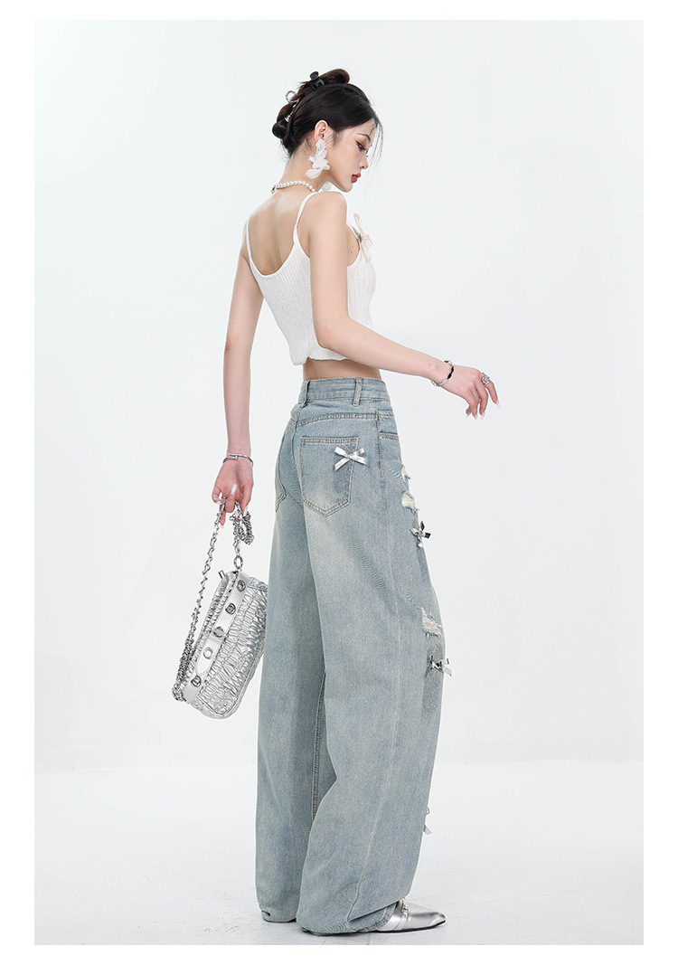 Large-sized retro three-dimensional bow ripped jeans for women with a summer design sense, high-waisted straight-leg loose wide-leg pants pic 22