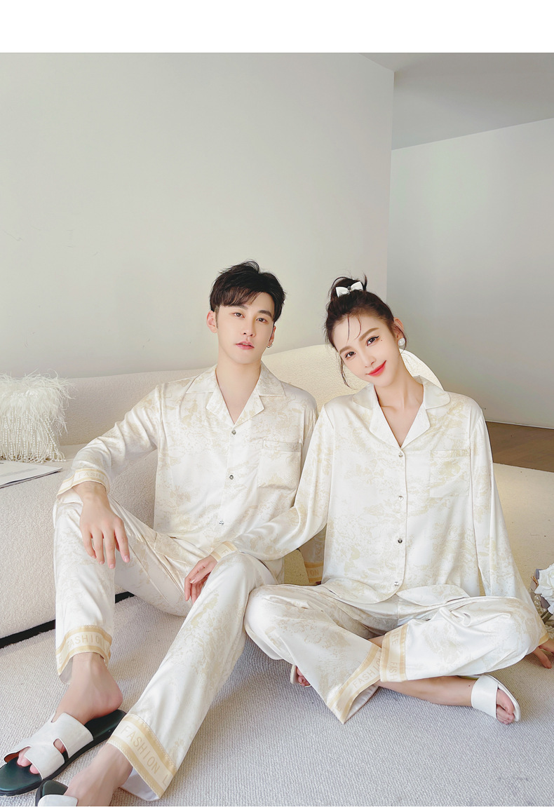 2023春季新款情侣睡衣女印花冰丝长袖长裤套装可外穿男士家居服夏详情7