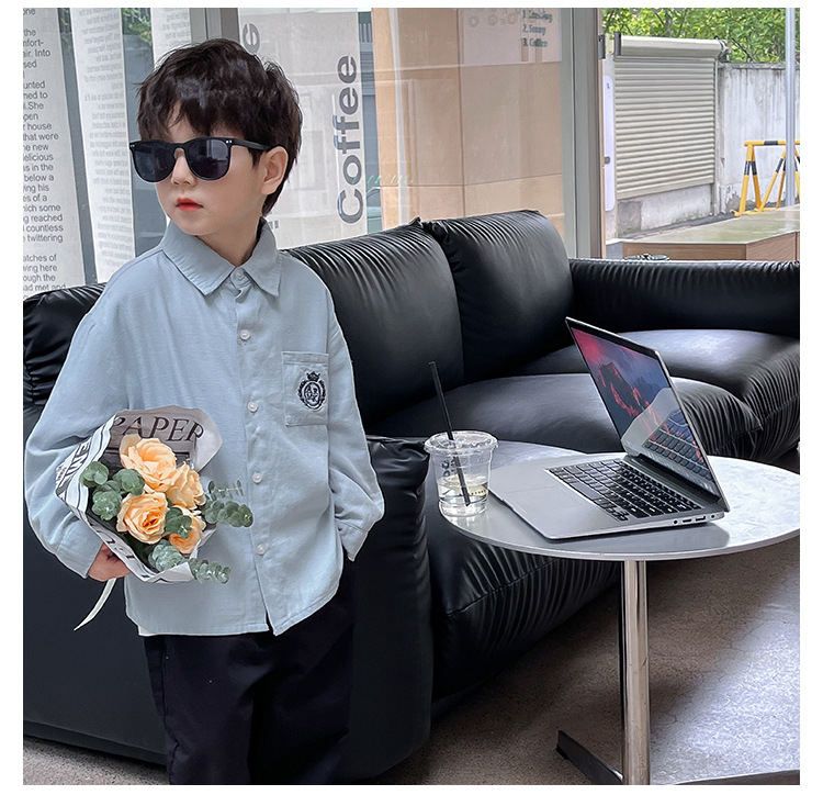 Детская рубашка 2023 kid fall fall, новая корейская версия детской блузки цвета бриолин, вышитая вышивка для мальчиков с лацканами pic 20