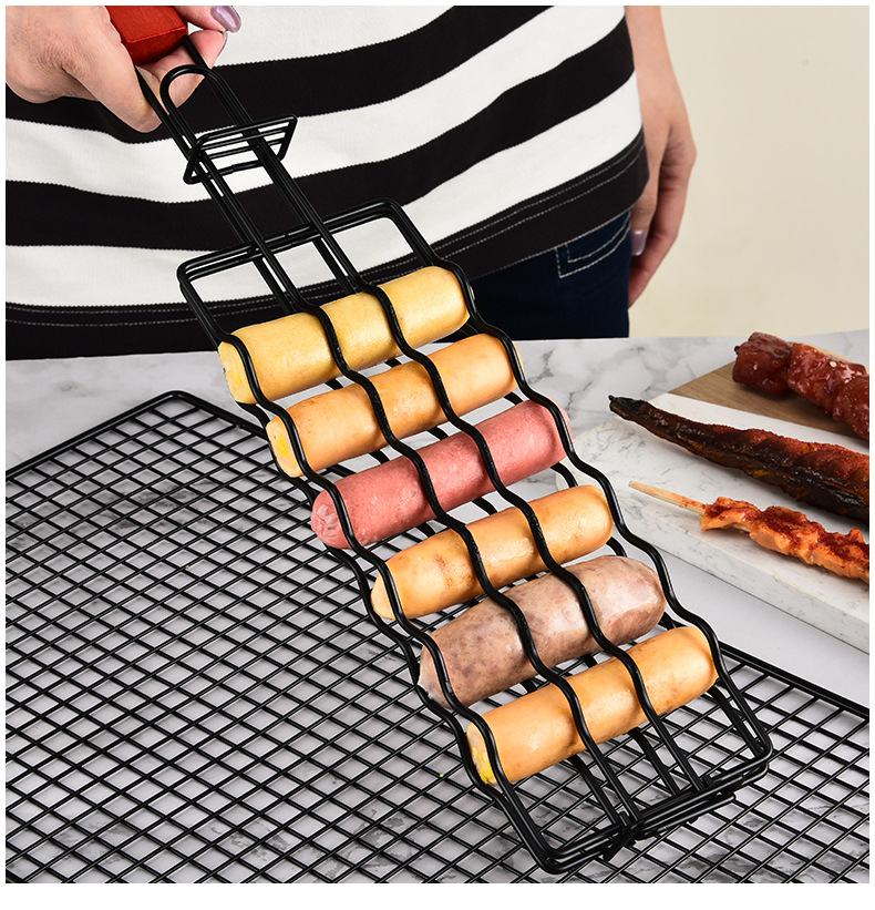 跨境户外木柄热狗烧烤夹不粘火腿香肠烤网多功能野营BBQ烧烤工具详情12