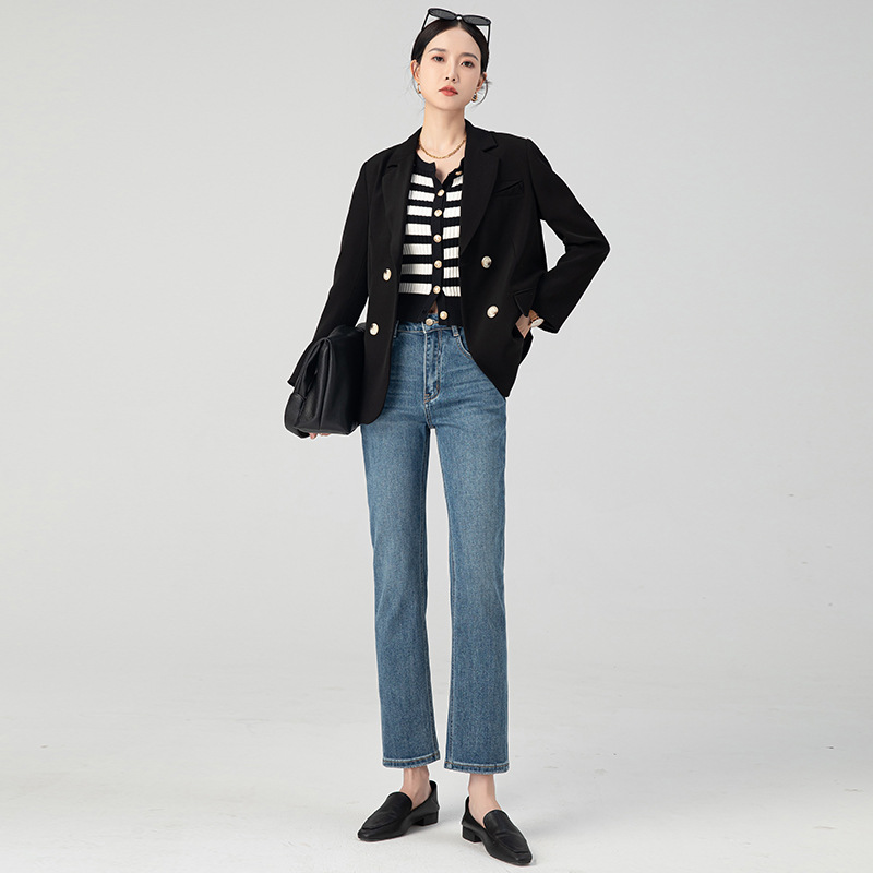 HEY+JEANS高端设计感复古牛仔裤女春秋新款高腰显瘦显高微喇长裤详情6