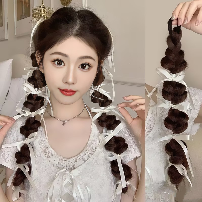 Wig, female ribbon braid, bubble braid, highlight dyed lantern braid, double ponytail, realistic hair strands pic 4