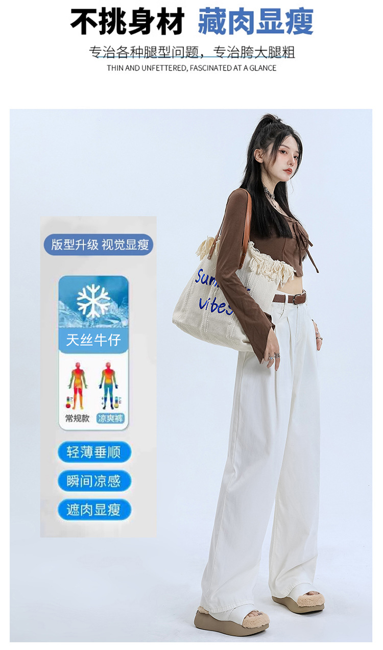 天丝莱赛尔高品质面料宽松垂感牛仔裤女士直筒高腰褶皱设计阔腿裤详情5
