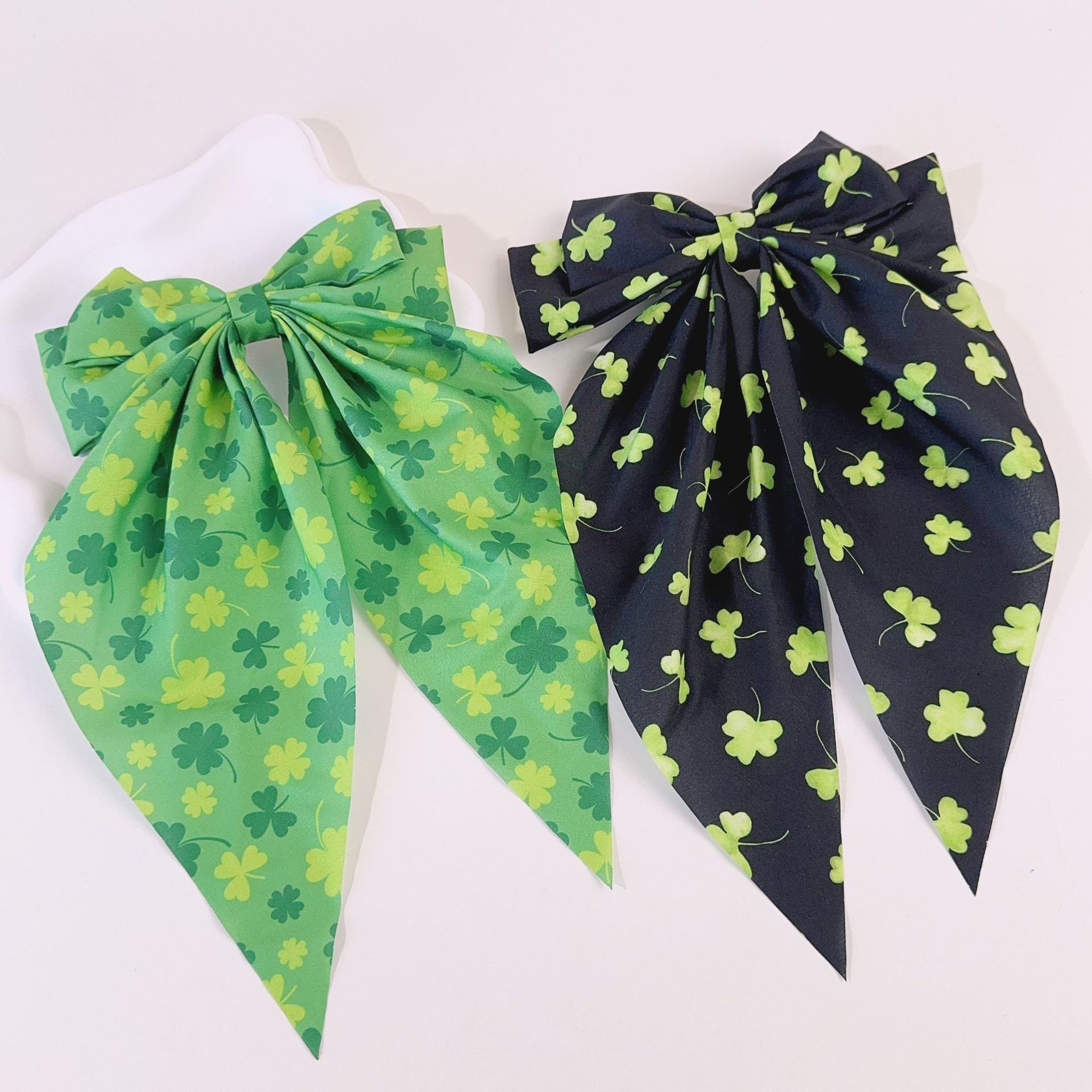 圣帕特里克节蝴蝶结发饰新款绿色四叶草飘带弹簧夹优雅发夹发饰详情2