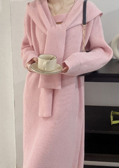 Semi-high neck mid-length elegant woolen dress, new autumn/Winter 2024 Korean-style long-sleeved base knitted dress for women pic 24