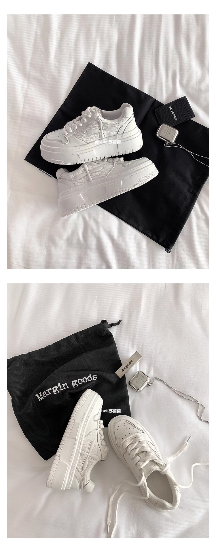 【 Cowhide 】 White sneakers for women, genuine leather chanel-style thick soles that increase height by 8cm. Versatile shoes for spring and summer, bread shoes pic 8