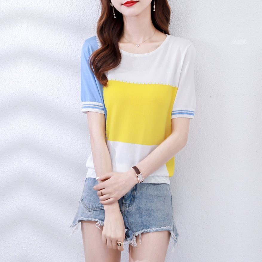t恤高档夏季女装新款宽松韩版上衣女士针织衫短袖打底衫碎花条纹详情7