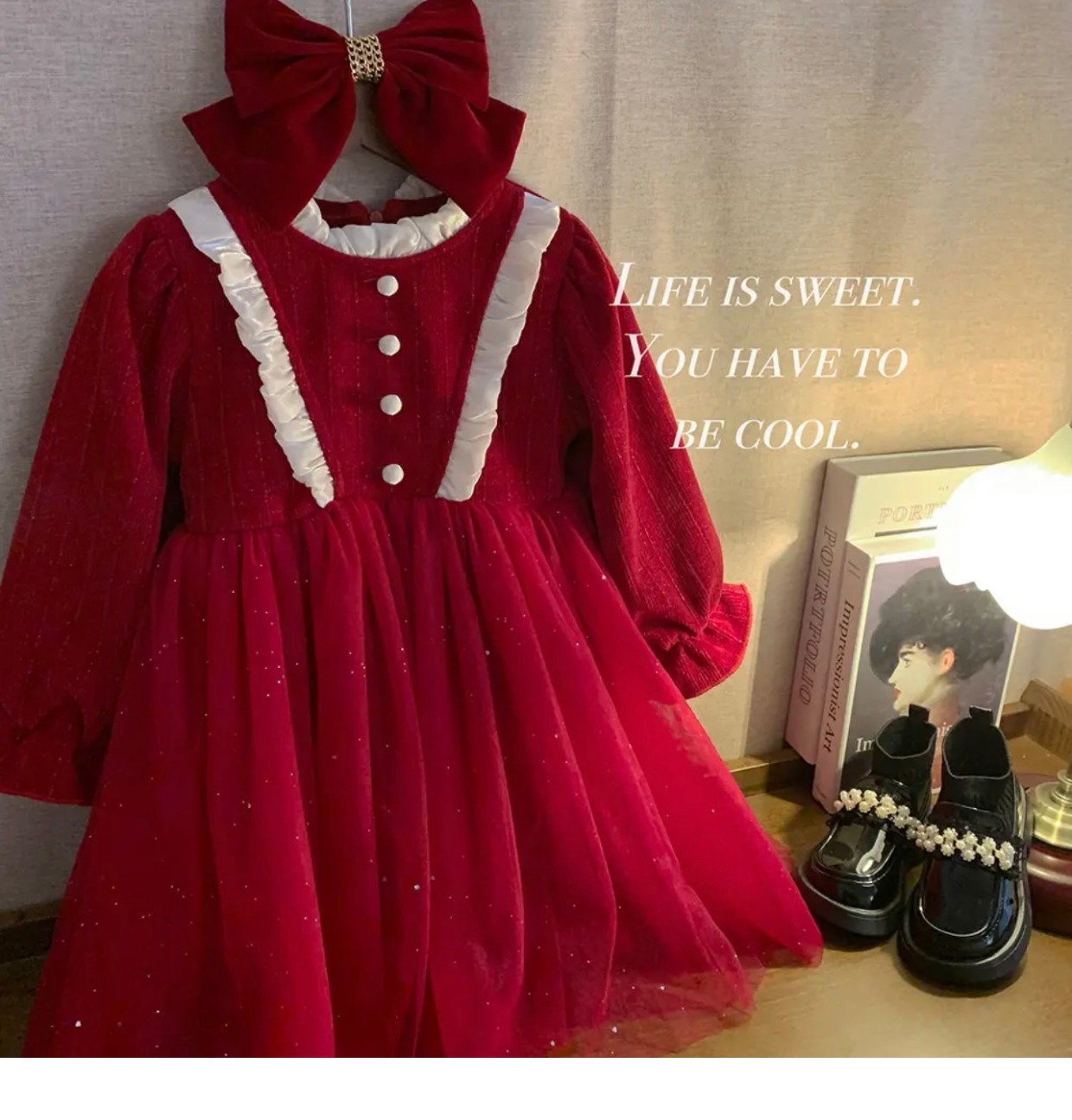 柠里女童冬装加绒连衣裙子洋气女童新年装红色年服丝绒中童连衣裙详情7