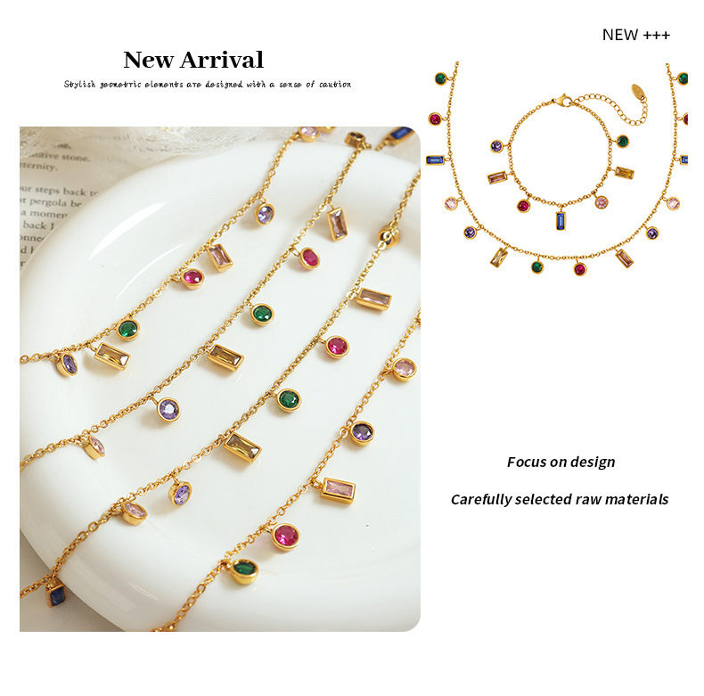 Non-fading light luxury ins style multi-color zircon jewelry set, tassel necklace, niche design titanium steel bracelet pic 21