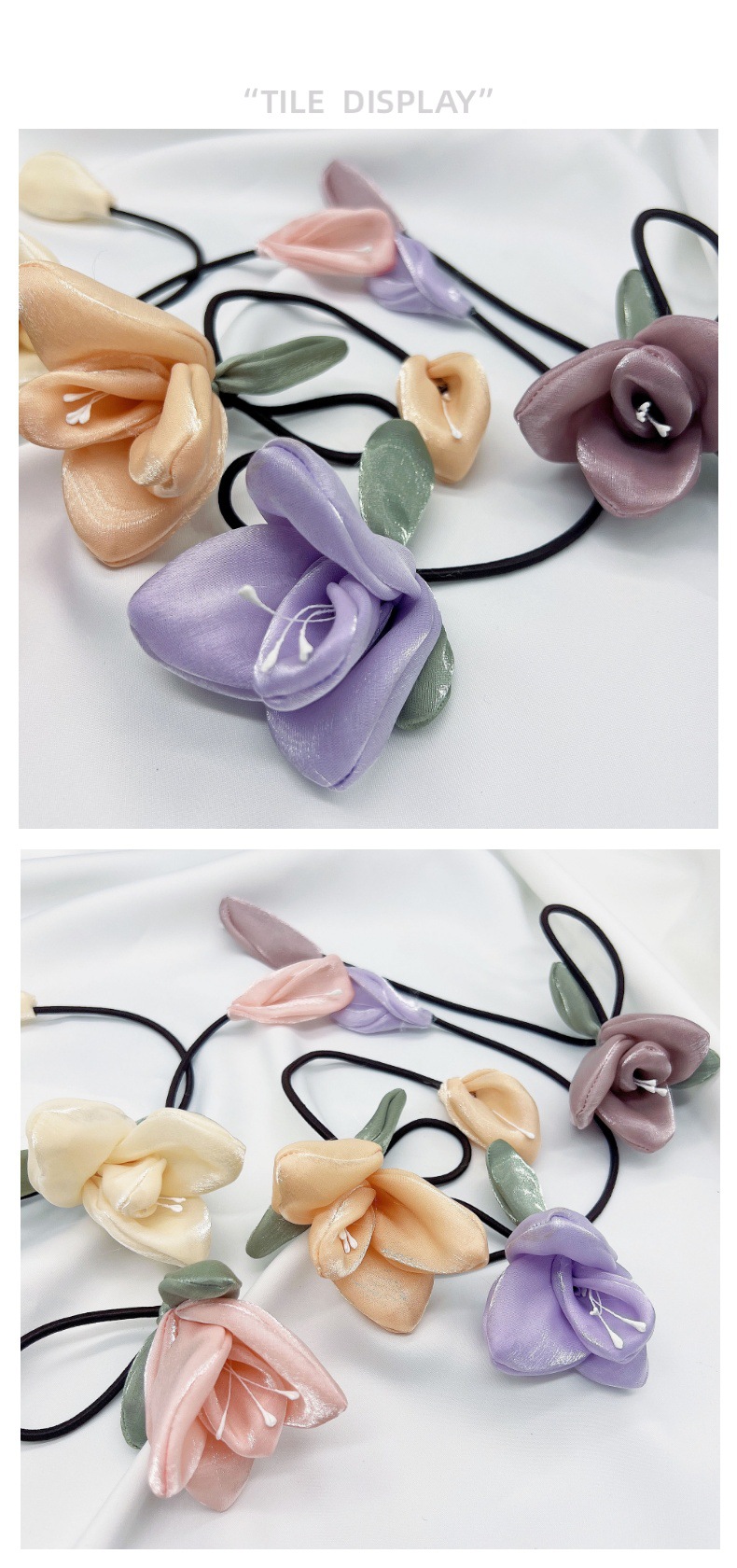 Super fairy-like Korean-style tulip hair tie, bright silk screen, diy bow, rubber band, niche three-dimensional flower headwear accessory pic 10