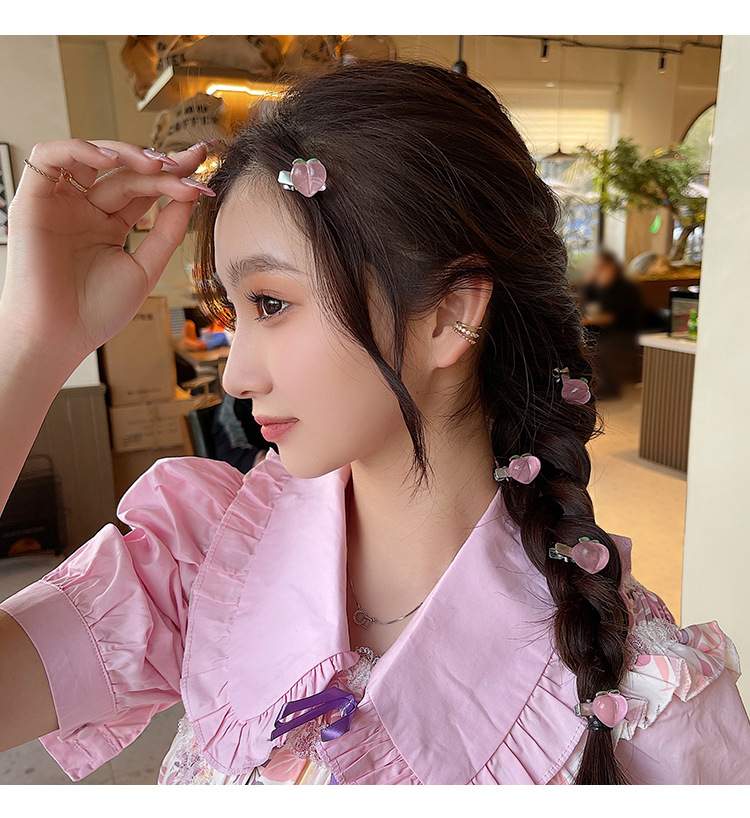 粉色水蜜桃小发夹子山茶花少女边夹编发点缀头饰麻花辫蝴蝶结发卡详情3