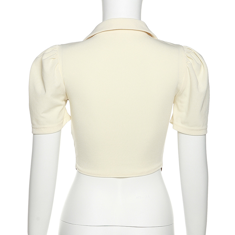Estilo europeo y americano verano 2022 nuevo estilo mujer moda solapa colgante color slim crop ombligo plisado cordones manga corta camiseta mujer pic 9