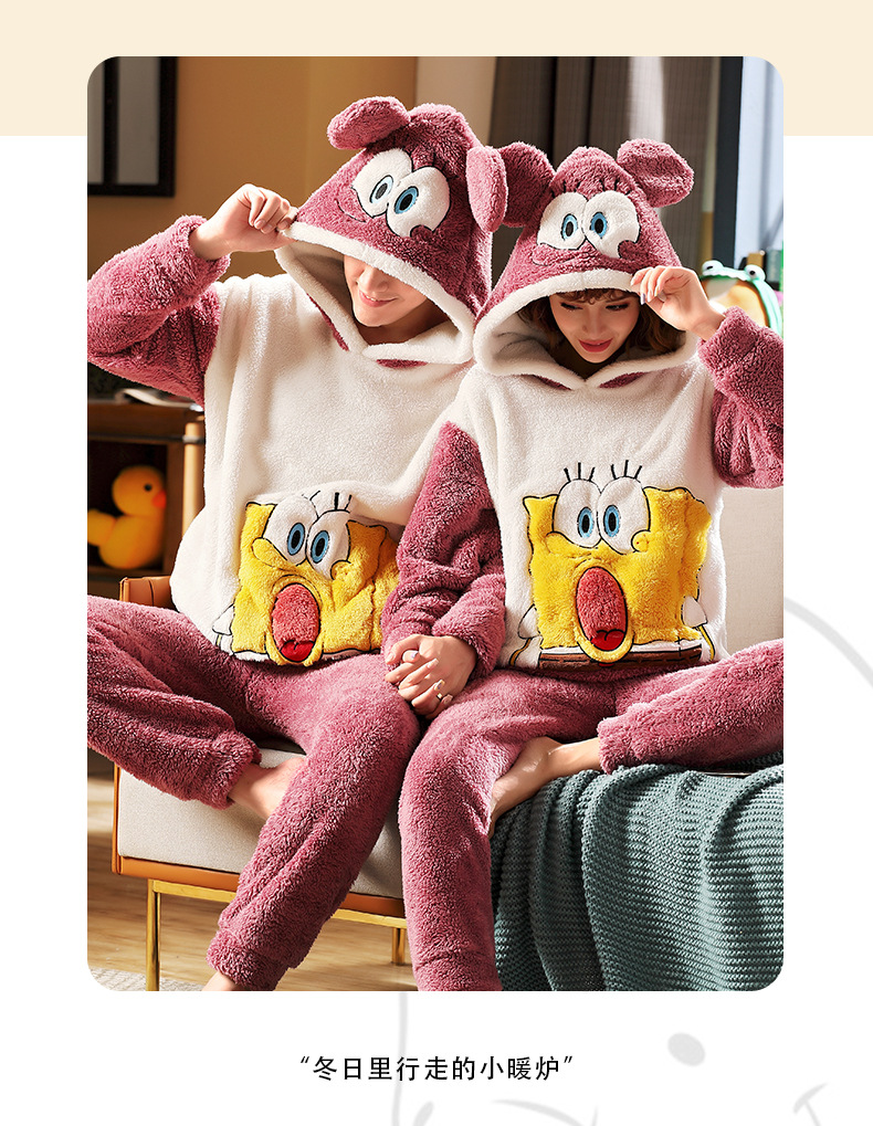 长毛绒冬季卡通情侣加厚加绒睡衣女帽子外穿法兰绒套装男士家居服详情121