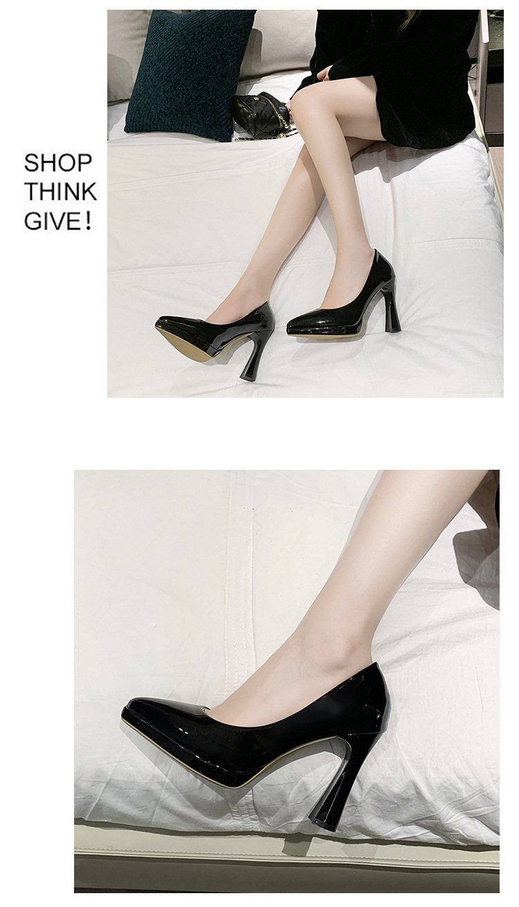 Pointed-toe nude high heels for women, 2023 new style, simple, fashionable and versatile, patent leather shallow toe square heel single shoe pic 11