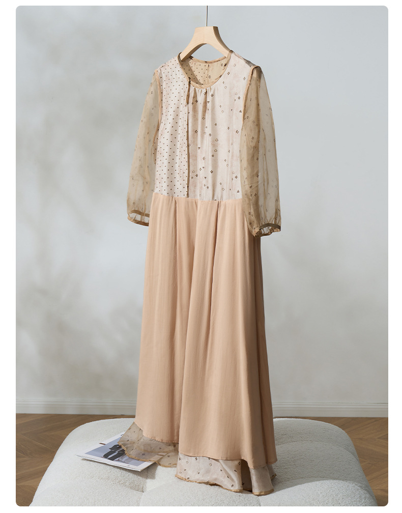 荣太设计师定染黑桃印花真丝连衣裙女拼接欧根纱桑蚕丝裙子系带详情43