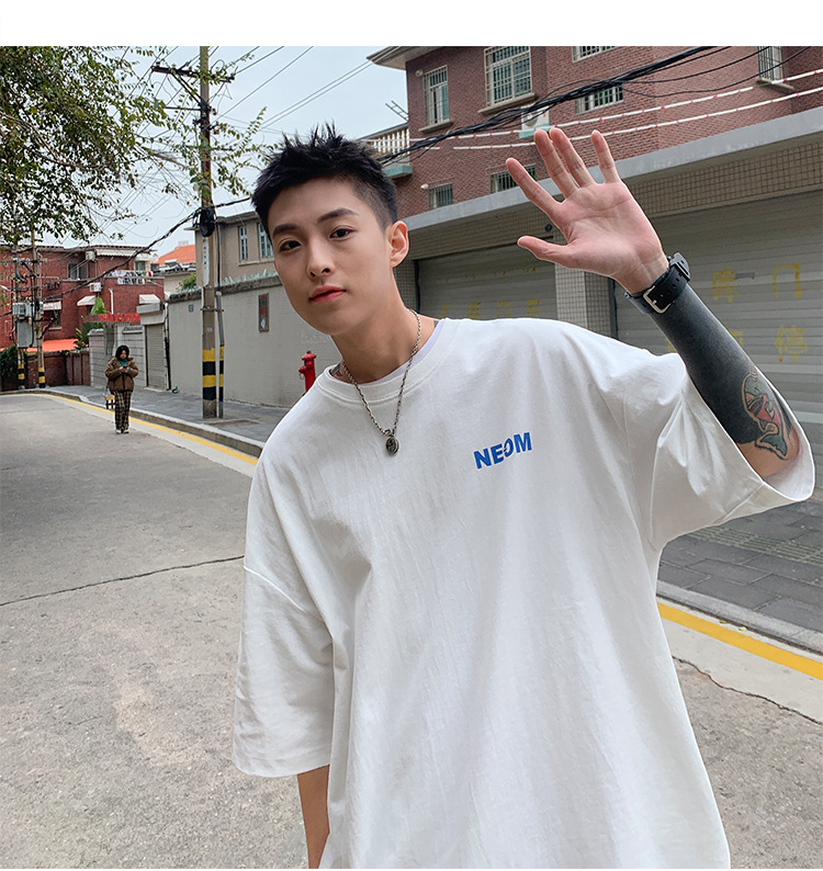 潮牌男装直播货源 190g克新疆棉宽松韩版T恤发泡印花朵袖短男t详情12