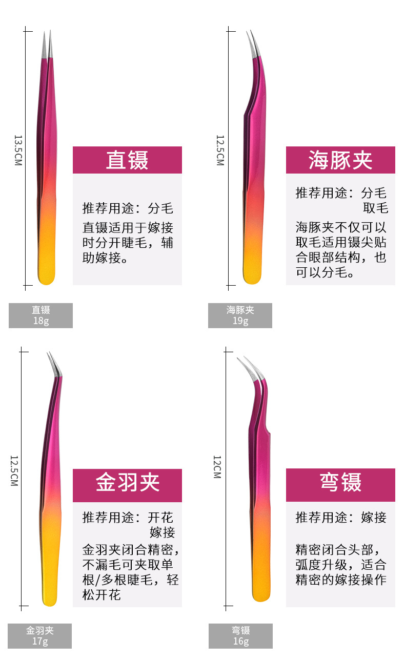 False eyelash extension tweezers, straight pointed elbow, stainless steel dual-color gradient clip, golden feather clip, dolphin clip, customizable LOGO shanilak pic 4
