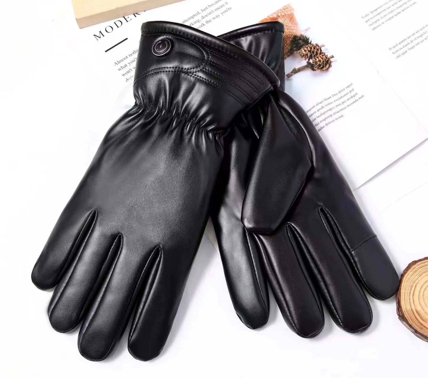 Wholesale of black leather gloves for cross-border men and women, windproof and warm gloves for motorcycle riding, and high-quality touch screen PU gloves pic 7