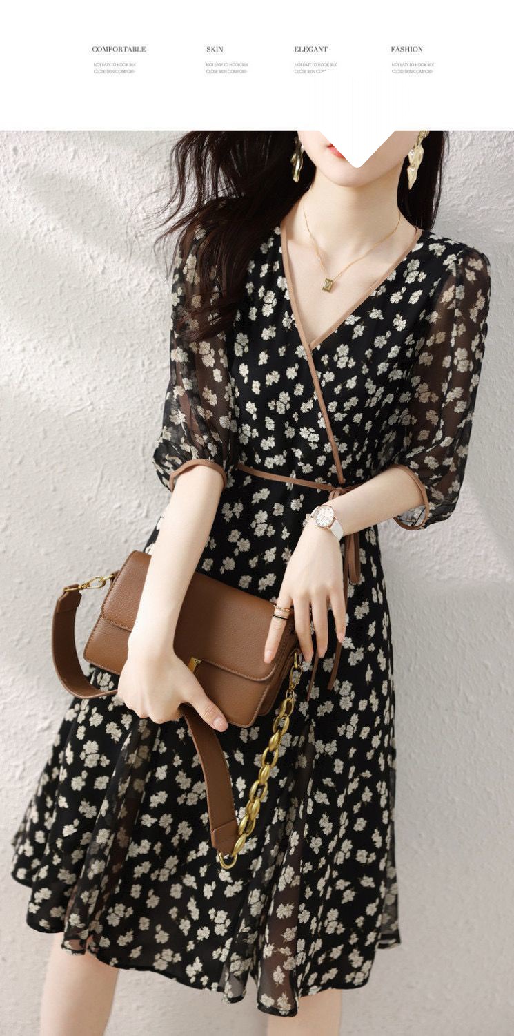 Elegant floral print dress 2024 Summer new style dress with a figure-hugging and patchwork design for a younger petite V-neck pic 11