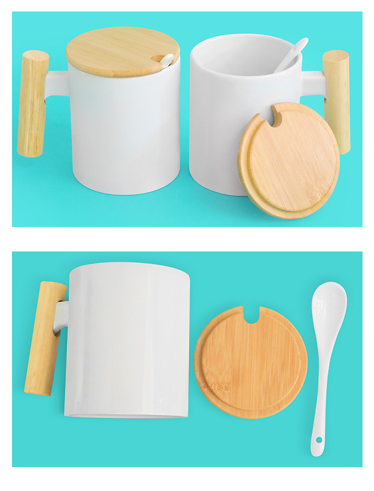 办公室木质手柄马克杯咖啡杯米色磨砂马克杯简约水杯木质杯盖勺子详情8