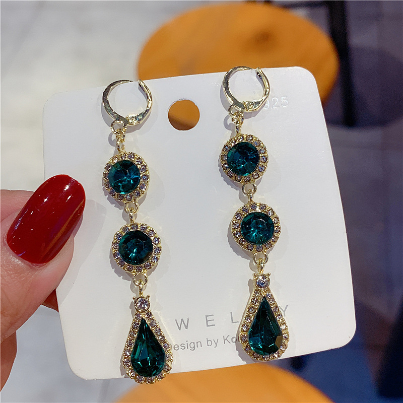 S925银针气质奢华绿色锆石耳扣新款高级水滴时尚百搭女耳环耳饰品详情5