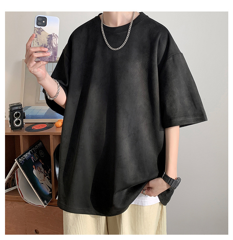 麂皮纯色短袖T恤男2023夏季质感半袖宽松t恤圆领半袖衣服青少年详情11