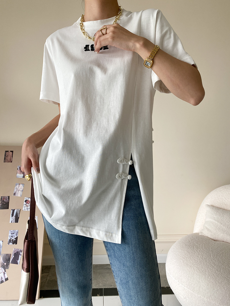 Sinan guoji plato hebilla bifón caída hombro manga camiseta mujer moda cool sentido de diseño verano 2022 nuevo SN1425 pic 51