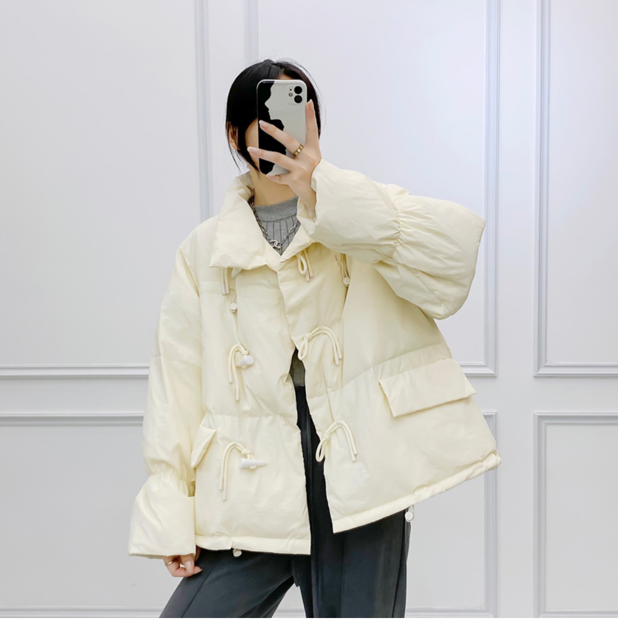 韩系仙女牛角扣羽绒服女洋气短款新款韩版宽松白鸭绒面包服外套潮详情19