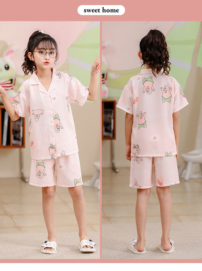 2023女童睡衣儿童夏季短袖短裤泡泡绉布套装女孩开衫大童家居服夏详情40