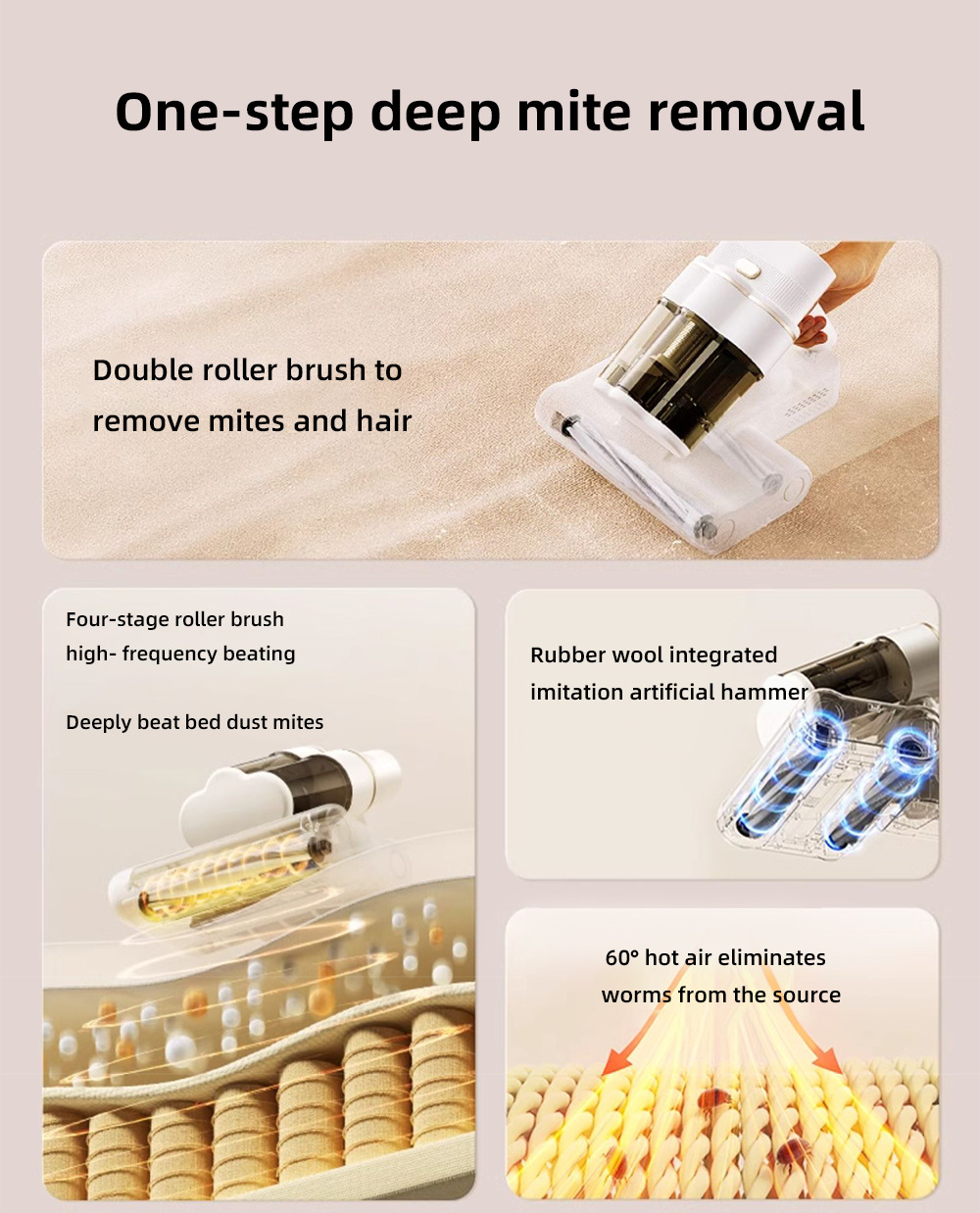 Double roller brush mite remover, a mite removal wonder, a large household vacuum cleaner for bed removal, ultrasonic and ultraviolet sterilization power purification pic 3