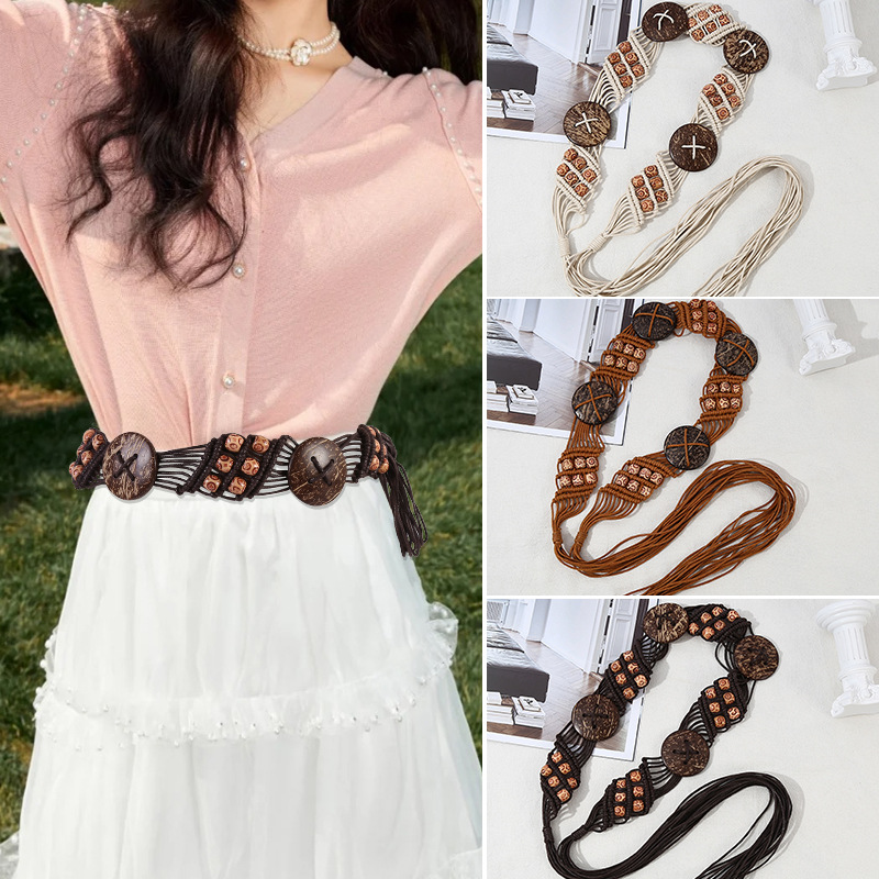 民族风女皮带 亚克力松石编织款女腰带手工蜡绳木珠宝石编织腰链详情6