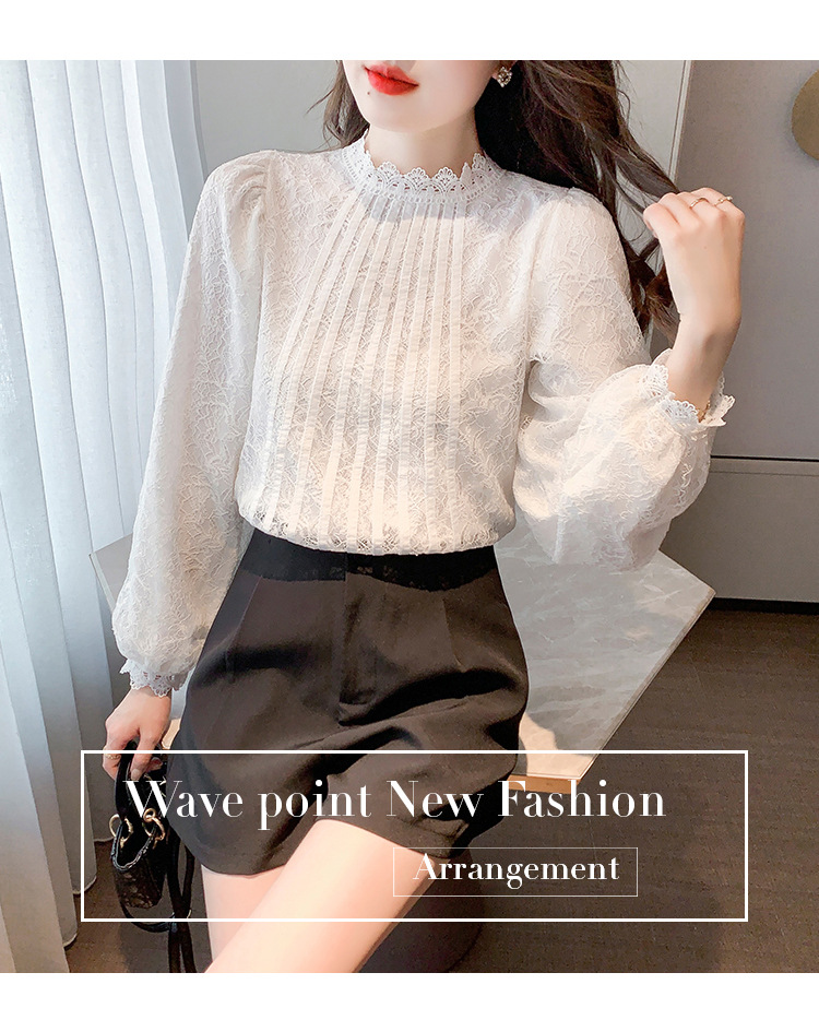 New Chinese-style in-stock real photos of the autumn new Korean-style versatile semi-high-neck lace base shirt for women. Pair it with a lace shirt inside pic 13