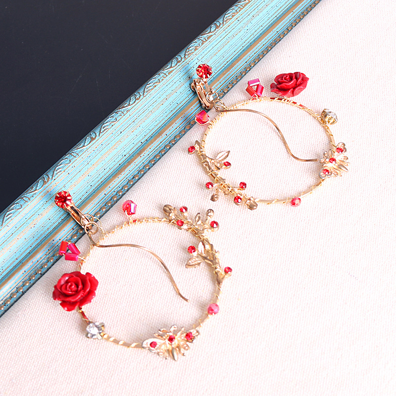 Bride earrings, European and American golden ear clips, round rose earrings without ear holes, wedding festival red crystal earrings pic 6
