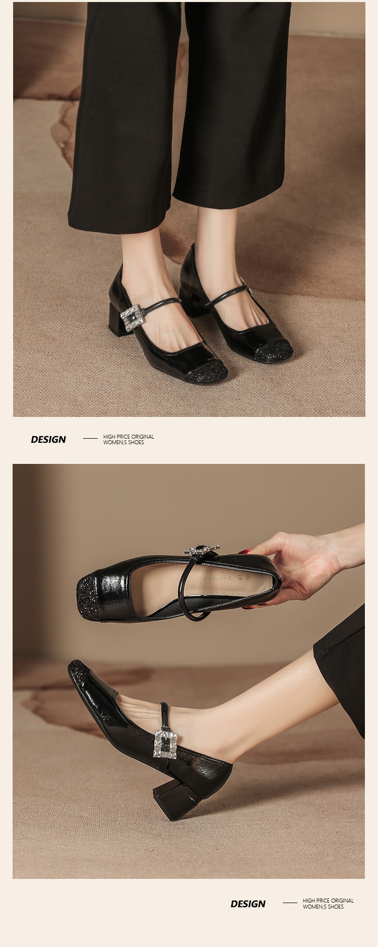 H923-2女鞋夏高级感高跟鞋拼色方头粗跟玛丽珍单鞋日常配裙子外穿详情13