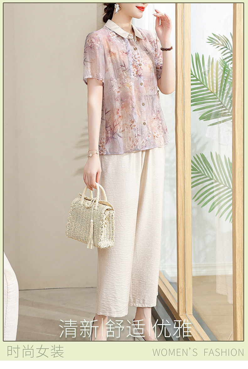 中年妈妈夏装棉麻套装洋气2024新款中老年女夏季短袖衬衫上衣薄款详情34