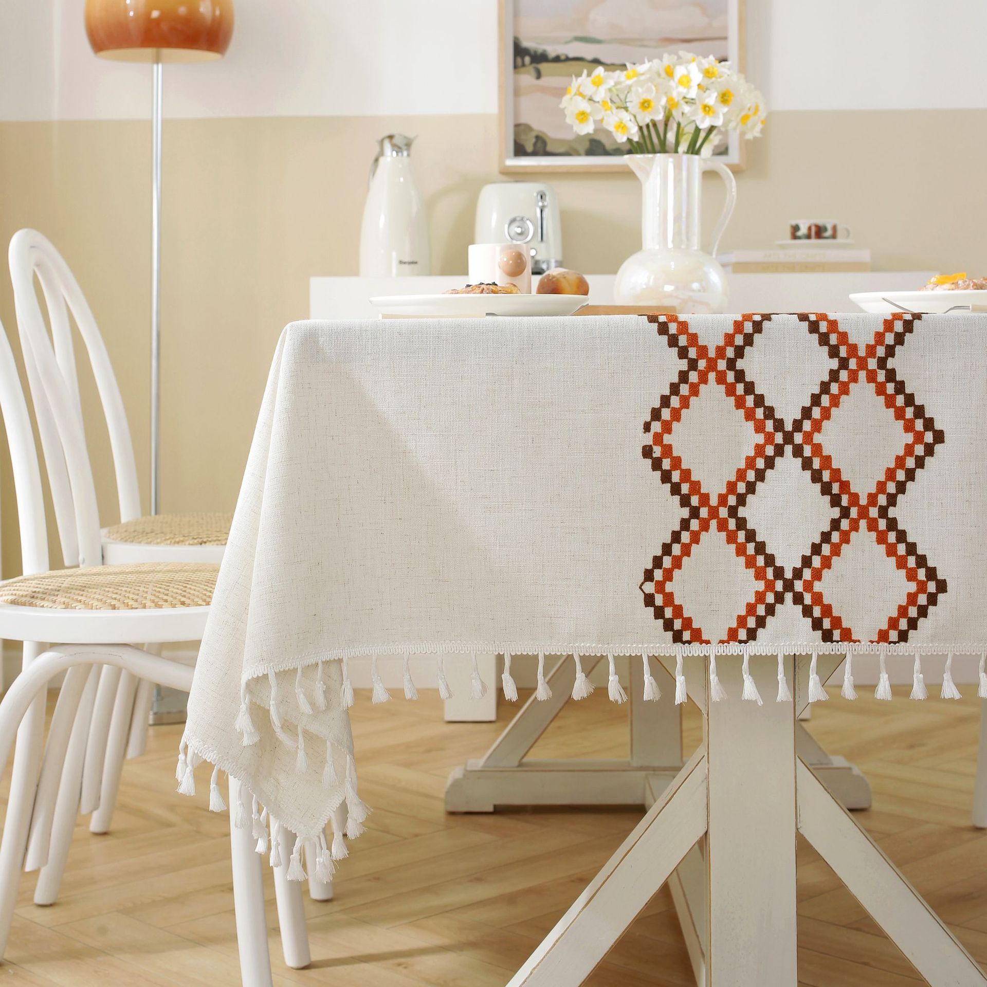 New linen embroidered cross tablecloth, solid color tablecloth, coffee table pad, cotton and linen decorative table, ins style bestseller, rectangular pic 7